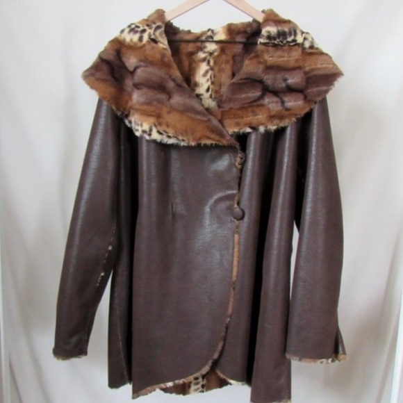 Chi By Falchi Jackets & Blazers - Vintage 90s reversible Brown Faux Fur Coat with Animal Print Lining